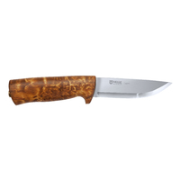Helle 75Eggen - 101mm Drop Point H3LS triple laminated Stainless Steel Knife (Curly Birch Handle with Dark Brown Sheath)