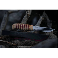 Helle JS  - 110mm HL3S Stainless Steel Limited Edition Knife (Curly Birch Wood Handle with Red Leather Inlets)