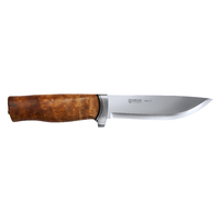 Helle GT - 123mm H3LS Triple Laminated Stainless Steel Knife (Curly Birch, Leather & Aluminum Guard with Dark Brown Leather Sheath)