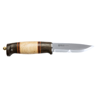 Helle Harding -100mm Triple Laminated Stainless Steel Knife (Curly Birch, Leather & Darkened Oak Handle with Dark Brown Leather Sheath)