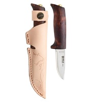 Helle Spire - 67mm Sandvic12C27 Stainless Steel Starter Knife, (Dark Birch Handle with Natural Leather Sheath)