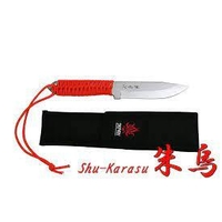 Kanetsune  KB-260 - 125mm Blue Steel Shu-Karasu Knife (Red/Orange Wrapped Paracord Handle)