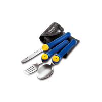 Maserin Picnic set, folding fork, spoon, serrated knife, red handles in nylon pouch