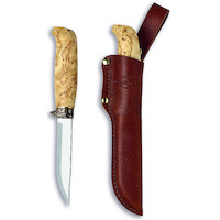 Marttiini MA134012 - 11cm Carbon Steel Lynx Knife (Bronze and Curly Birch Handle with Brown Leather Sheath)