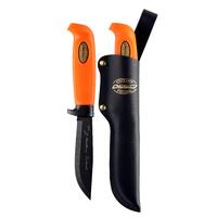 Marttiini MA186024T - 11cm Carbon Steel Martef Skinning Knife ( Orange Rubber Handle with Black Leather Sheath)