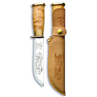 Marttiiini MA255010 - 16cm Carbon Steel Engraved Lapp 255 Knife (Silver & Curly Birch Handle with Light Brown Leather Sheath)
