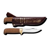 Marttiini 391010C - 13cm Carbon Steel Fox Knife (Cork & Rubber Handle with Metal Finger Guard, Engraved Leather Sheath) 
