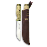Marttiini MA543015 - 16cm Carbon Steel Ranger Knife (Curly Birch, Heat Treated Birch & Bronze Ferrule with Brown Leather Sheath)