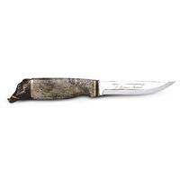 Marttiini MA546013 - 11cm Carbon Steel Wild Boar Knife, In a Wooden Box (Curly Birch, Treated with Grey Coloured Wax Handle with Black Leather Sheath)