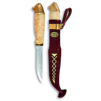 Marttiini MA549011 - 11cm Carbon Steel Bear Hunting Knife, Boxed (Curly Birch with Bronze Bear Head & Brass Ferrule with Brown Leather Sheath
