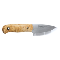 Helle Mandra - 69mm H3LS Triple Laminated Stainless Steel Knife (Curly Birch & Vulcan Fibre Handle with Leather Sheath)