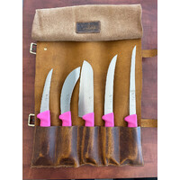 Victory Knives Pink Set - Leather Knife Roll & Pink Pro Grip Handle Knives (Contains 5 S/S Knives & Leather Knife Wrap)