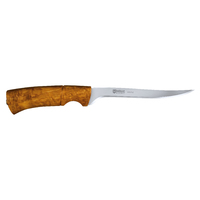 Helle Steinbit - 153mm Flexible Stainless Steel Knife (Curly Birch Handle with Tan Coloured Sheath)